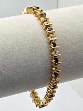 Vintage Gold Tone Art Deco Style Tennis Bracelet - Black & Clear Stones